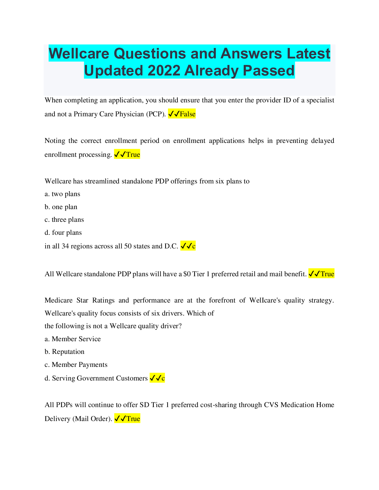 Wellcare 2022 Questions and Answers Already Passed Browsegrades